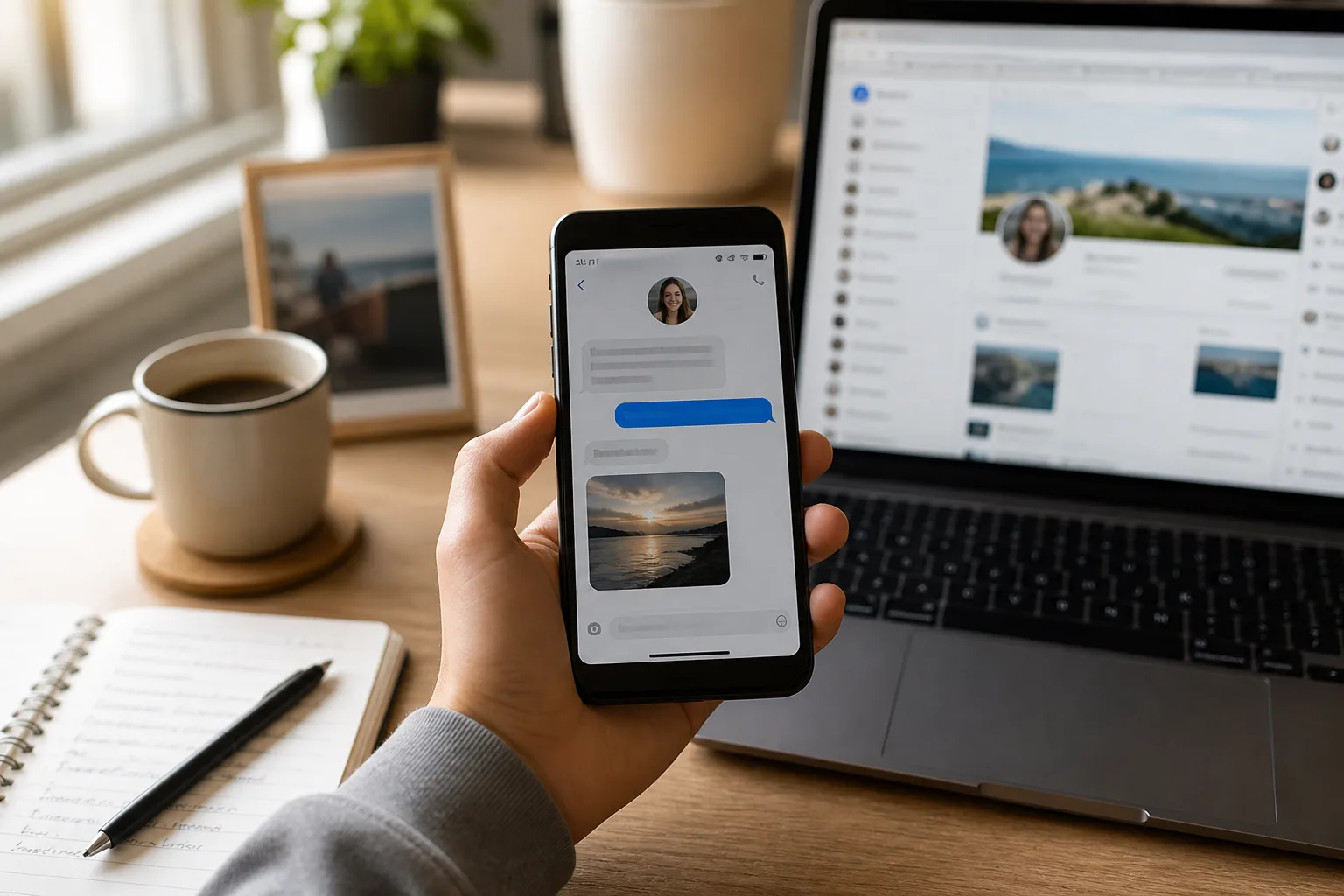 A phone showing a messaging thread with a profile photo beside a laptop social feed.