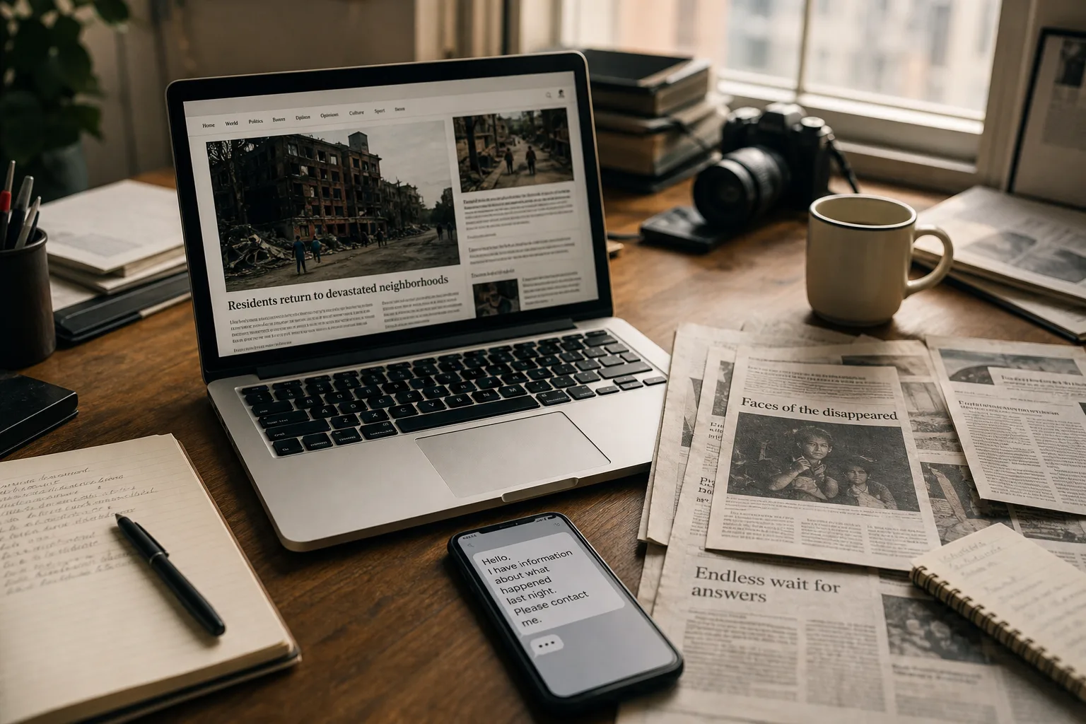 A journalist desk with a laptop news story, phone tip, and printed clippings.