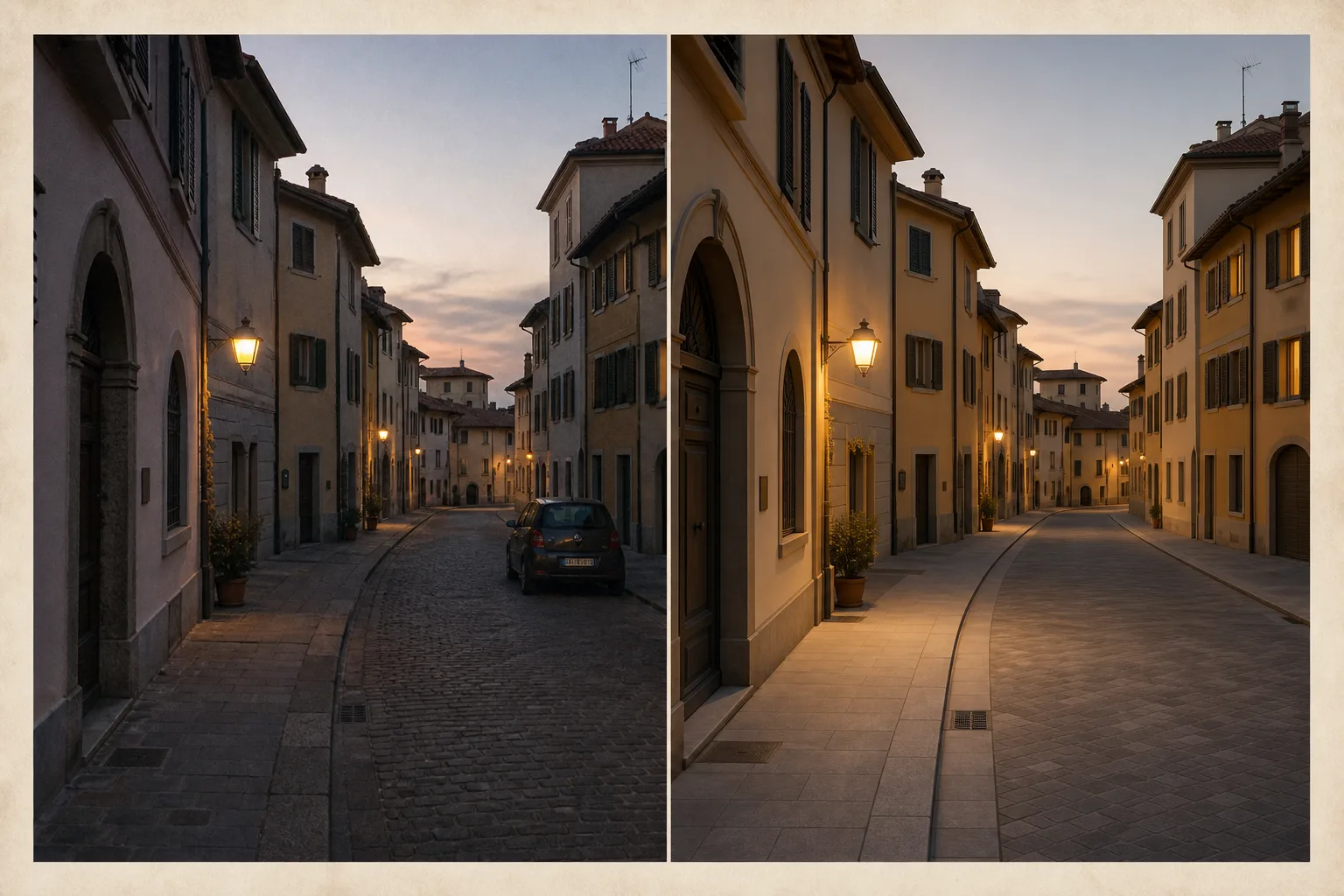 The same street twice: a grainy camera photo on the left, a too-smooth generated version on the right.